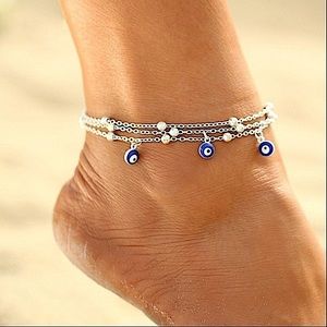 Evil Eye Anklet Charm Silver Tone Beaded Multi Layer Anklet